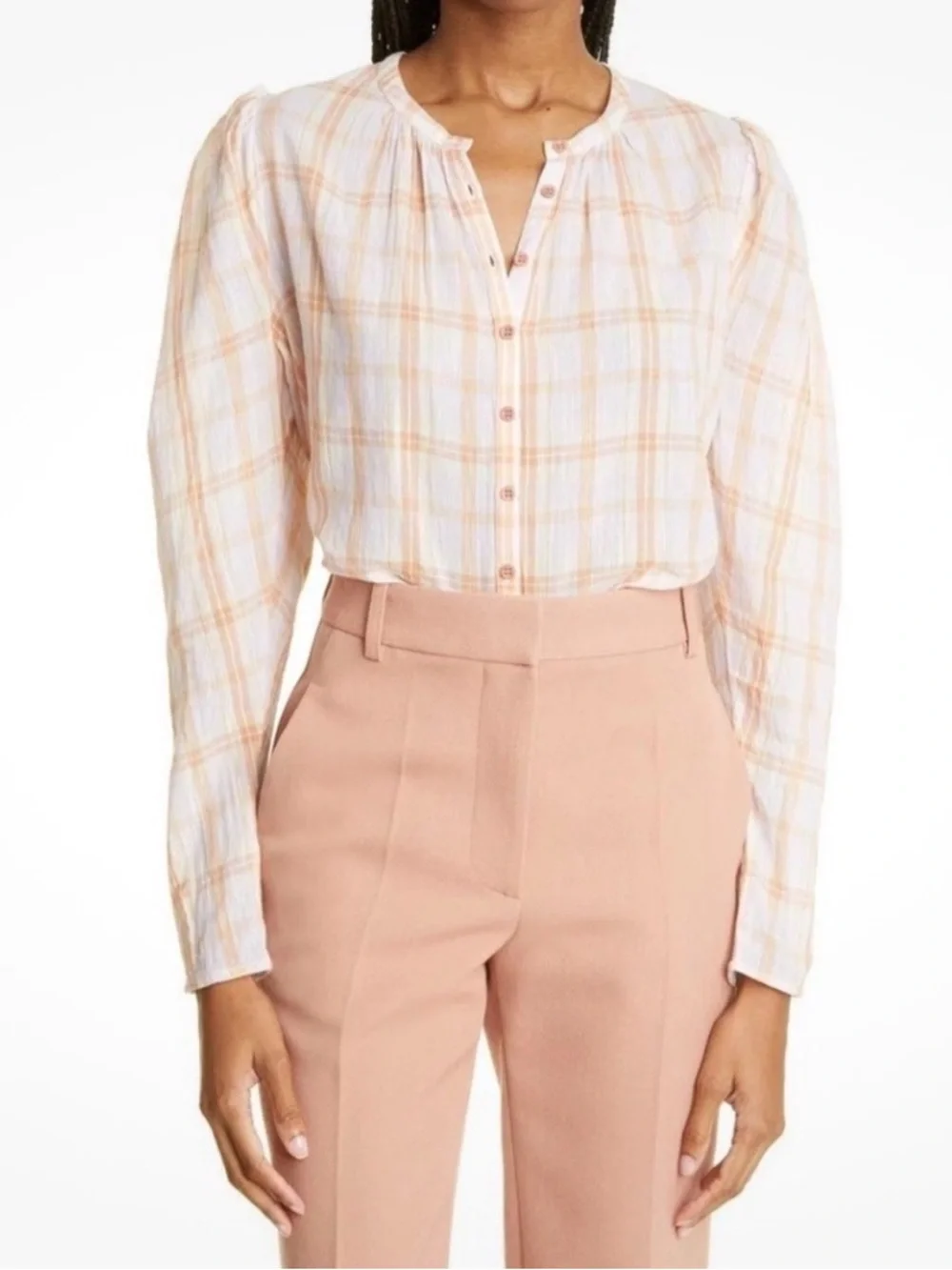 ULLA JOHNSON Nour Blouse Plaid Button-Down Plaid Pink Orange Size 2